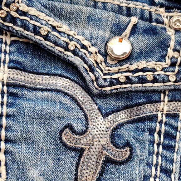 Rock Revival Kai boot cut jeans flap pockets bling crystals 30x31.5 prof hem #11 - Picture 3 of 9